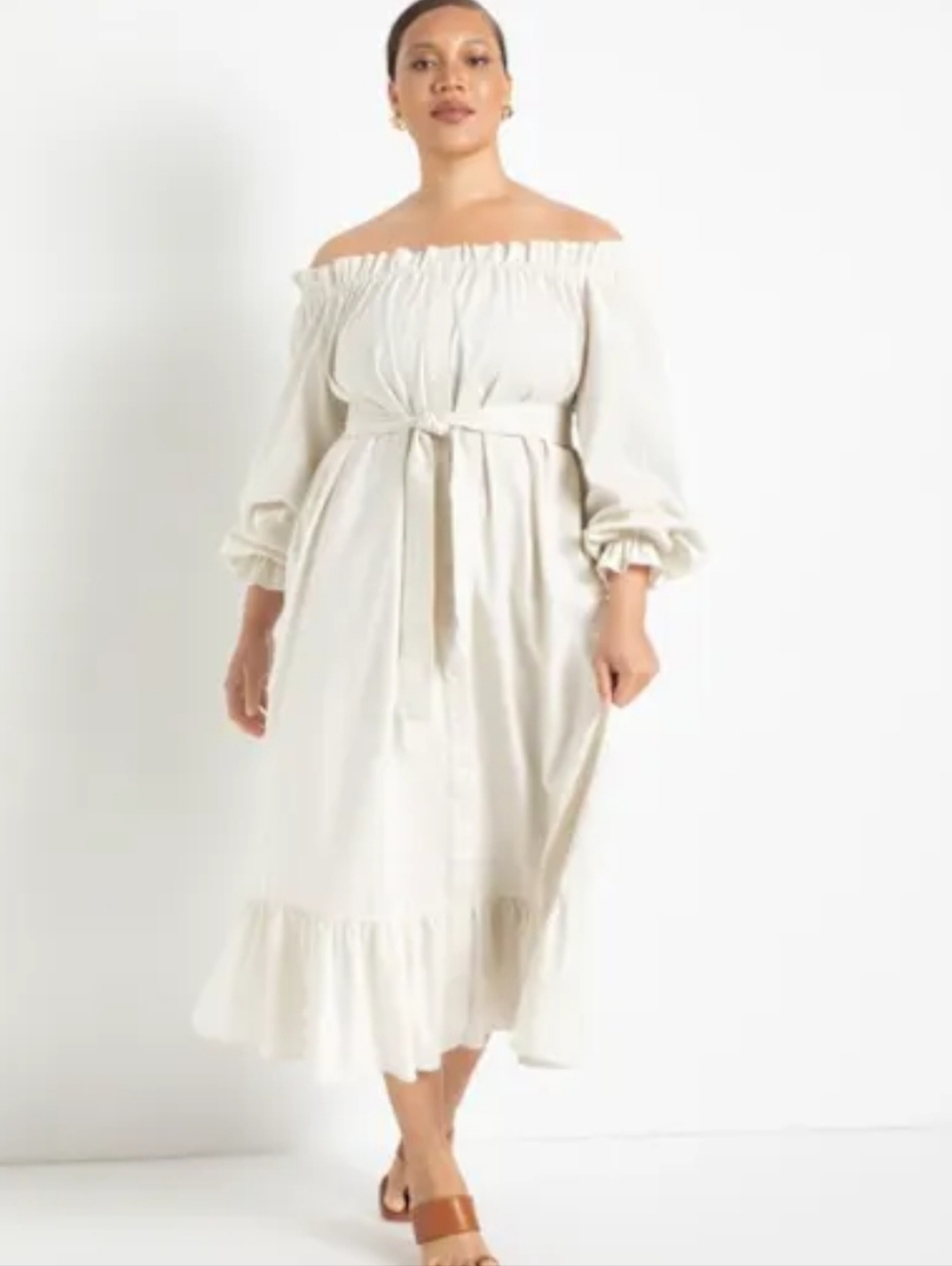Eloquii Linen Maxi Day Dress Size 14/16 Belted Full Button Front Coastal Tiered